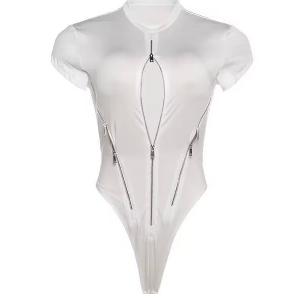 Women Sexy Fashion Silver Zipper Short Sleeve Bodysuit Top
