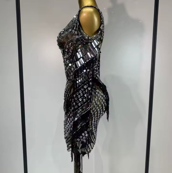 Women Sexy Beaded Rhinestone Mesh Full Sleeve Dress