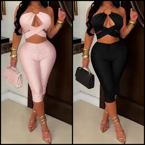 Women Sexy Halter Sleeveless Wrap Crop Two Piece Capri Pant Set