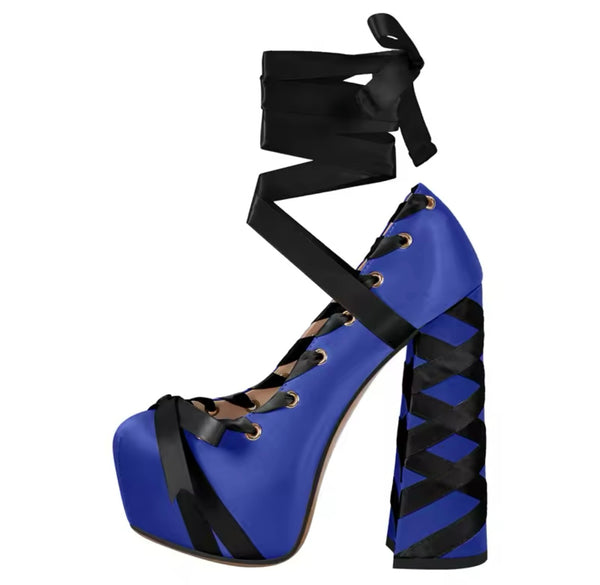 Women Color Lace Up Platform Fashion High Heels