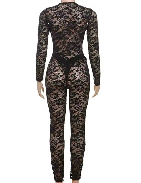 Women Sexy V-Neck Full Sleeve Bodysuit Two Piece Lace Pant Set