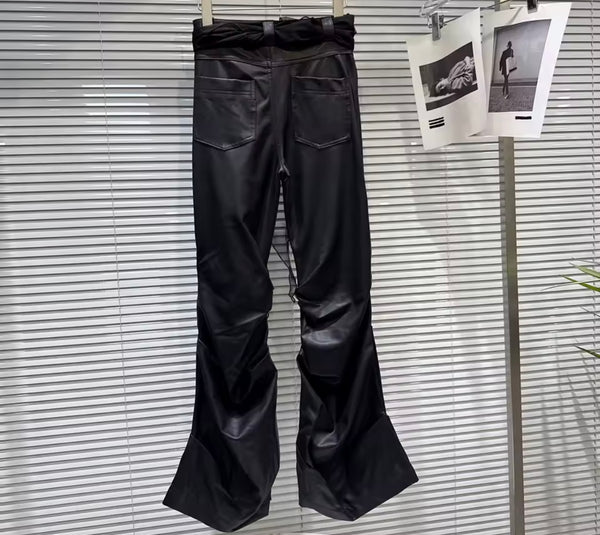 Women Fashion Black Rivet Jacket Two Piece Faux Leather Pant Set