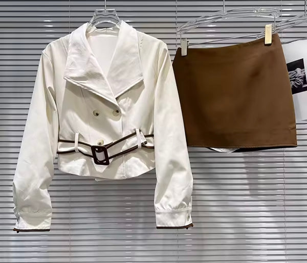 Women Fashion Button Belted Blazer Two Piece Skirt Set