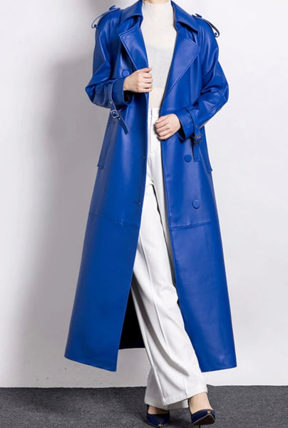 Women Blue Faux Leather Fashion Trench Jacket