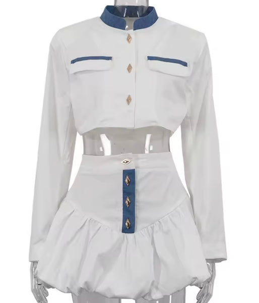 Women Color Patchwork Button Up Two Piece Fashion Skirt Set