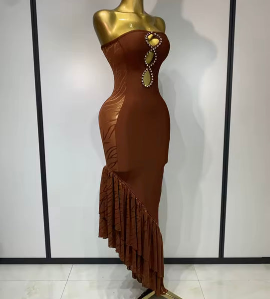 Women Brown Strapless Mesh Rhinestone Patchwork Dress