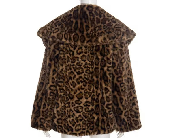 Women Leopard Print Faux Fur Fashion Jacket