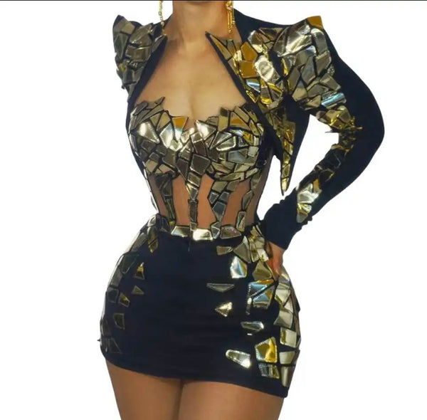 Women Sexy Metallic Color Patchwork Strapless Dress Jacket Set