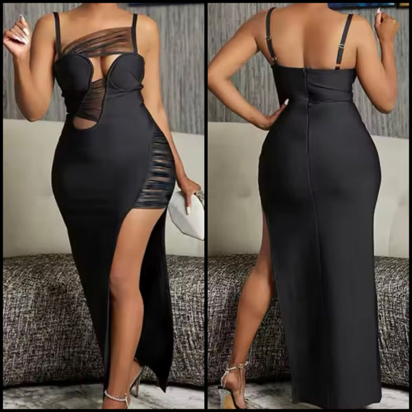 Women Sexy Sleeveless Black Mesh Cut Out Maxi Dress