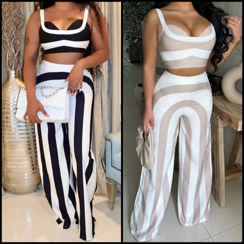 Women Sexy Fashion Sleeveless Striped Two Piece Pant Set