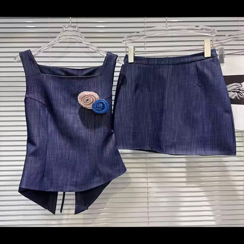 Women Fashion Sleeveless 3D Floral Denim Two Piece Skirt Set