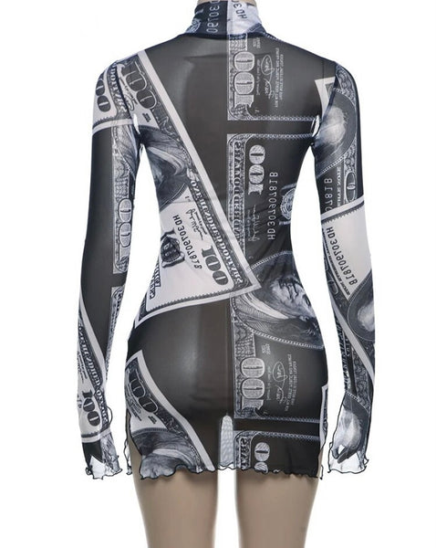 Women Sexy B&W Money Print Full Sleeve Mesh Dress