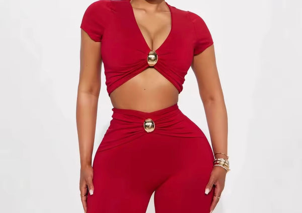 Women Sexy Red Metal Ruched Short Sleeve Two Piece Pant Set