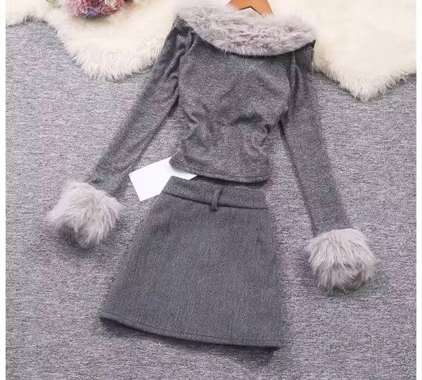 Women Gray Fur Patchwork Zip Up Full Sleeve Two Piece Skirt Set