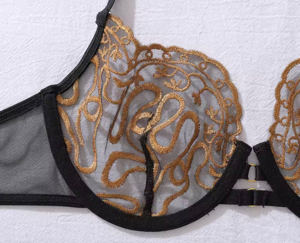 Women Sexy Black Embroidery Print Mesh Lingerie Set