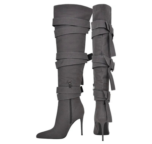 Women Buckled High Heel Fashion Knee High Boots