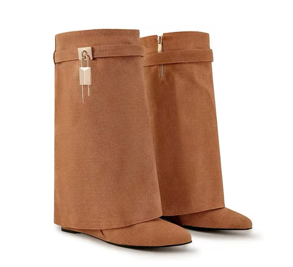 Women Color Fashion Buckled Lock Platform Wedge Boots