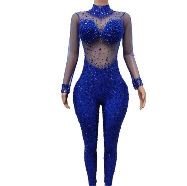 Women Sexy Fashion Bling Crystal Mesh Full Sleeve Jumpsuit