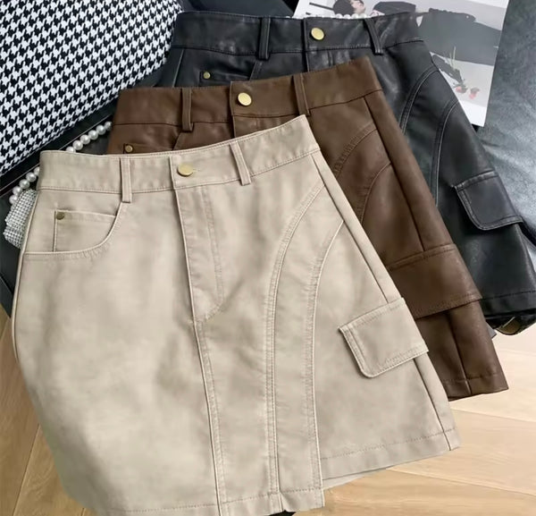 Women Fashion Color PU Leather Skirt