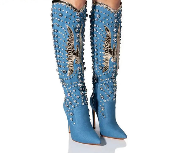 Women Fashion Denim Rivet Western High Heel Boots