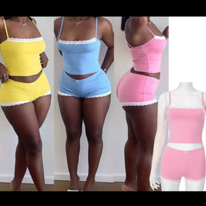 Women Sexy Sleeveless Color Lace Patchwork Two Piece Short Set