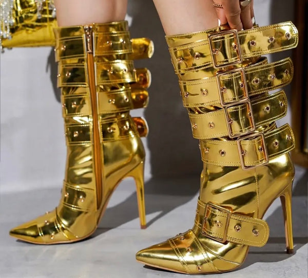 Women Fashion Pointed Toe Buckled Ankle Boots