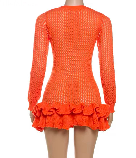 Women Sexy Color Knitted Ruffled Full Sleeve Dress