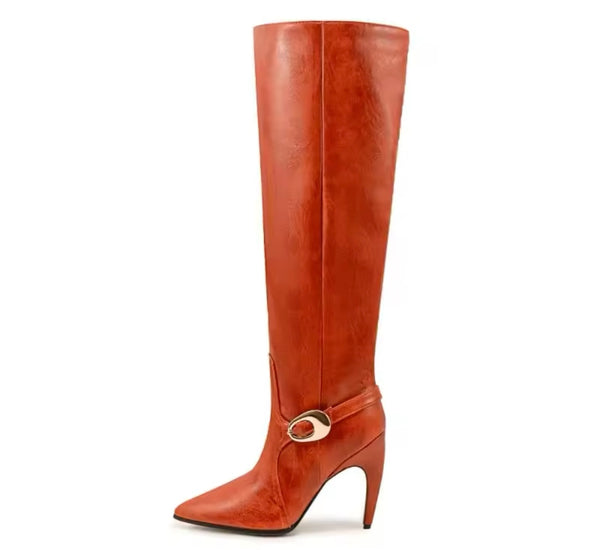 Women Buckled Faux Leather Fashion High Heel Knee High Boots