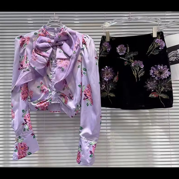 Women Floral Bow Full Sleeve Two Piece Embroidered Skirt Set