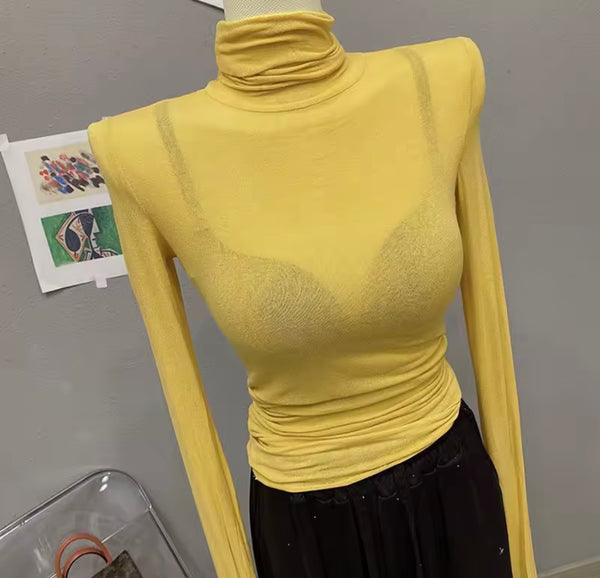 Women Fashion Turtleneck Full Sleeve Mesh Top
