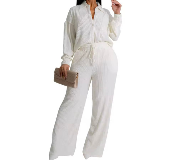 Women Button Up Full Sleeve Ribbed Two Piece Pant Set