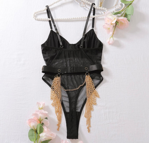 Women Black Sexy Mesh Patchwork Chain Bodysuit Lingerie