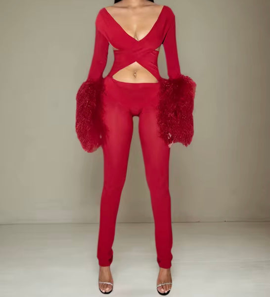 Women Sexy Fur Full Sleeve Cut Out Jumpsuit