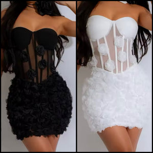 Women Sexy Strapless Floral Mesh Dress
