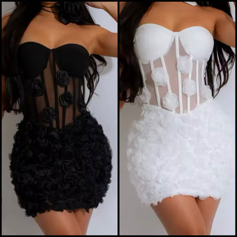Women Sexy Strapless Floral Mesh Dress