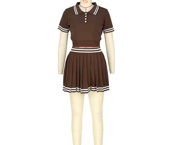 Women Sexy Solid Color Striped Short Sleeve Two Piece Pleated Skirt Set