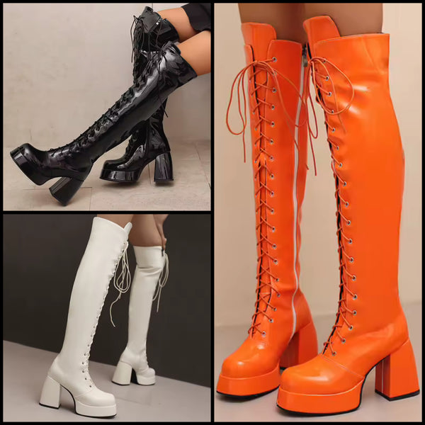 Women Fashion Patent Leather Lace Up Knee High Boots