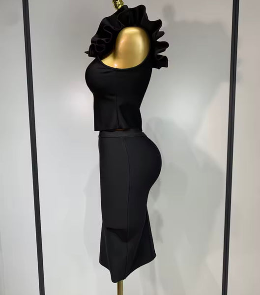 Women Sexy Ruffled One Shoulder Sleeveless Two Piece Skirt Set