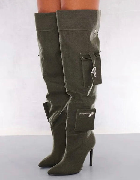 Women Fashion Zipper Buckled Pocket Over The Knee Boots