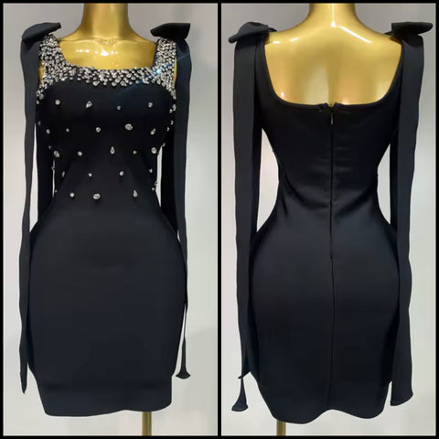 Women Sexy Black Tie Up Sleeveless Rhinestone Dress