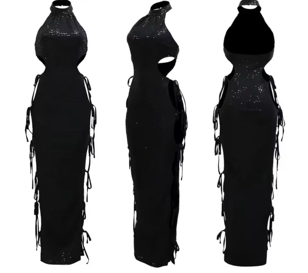 Women Sexy Sleeveless Sequins Color Cut Out Maxi Dress