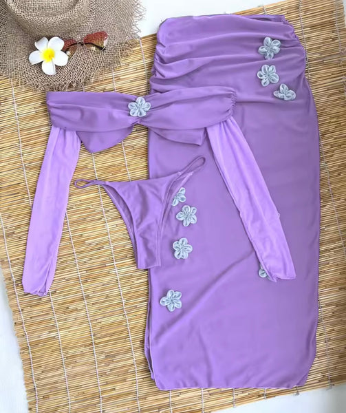 Women Sexy Off The Shoulder Full Sleeve Floral Purple Bikini Cover Up Set