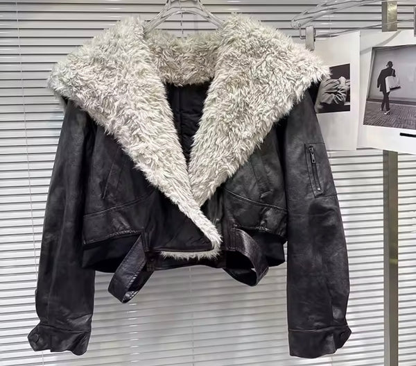 Women Fashion Color Faux Fur Leather Jacket