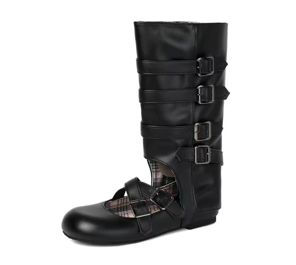 Women Fashion Mary Jane Buckled Mid-Calf Flat Boots
