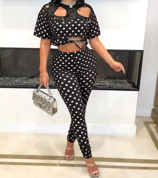 Women Polka Dot Safety Pin Crop Fashion Two Piece Pant Set