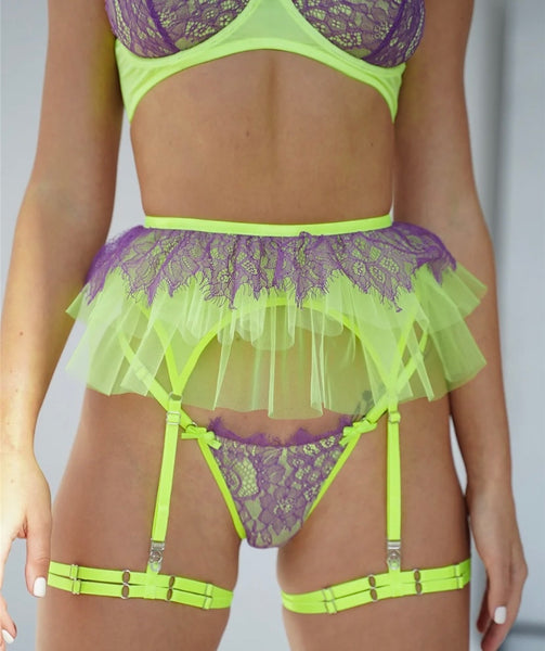 Women Sexy Lace Mesh Neon Color Patchwork Lingerie Set