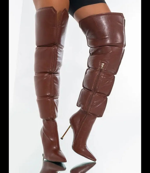 Women Brown Fashion Faux Leather Over The Knee High Heel Boots