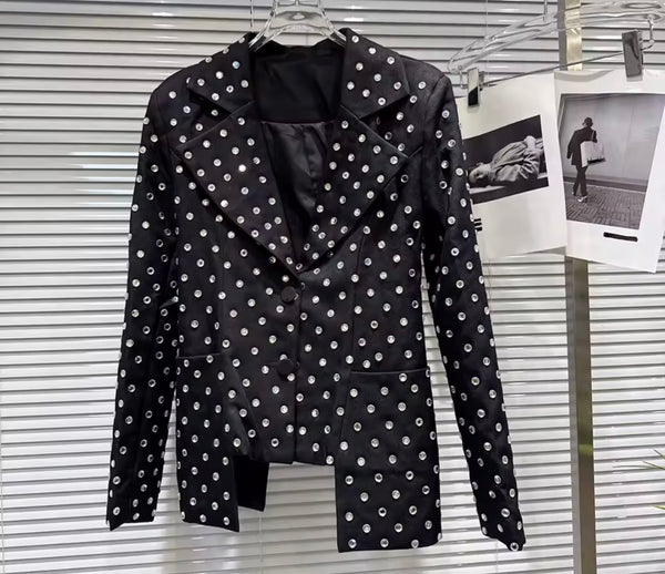 Women Fashion Rhinestone Blazer Two Piece Short Set