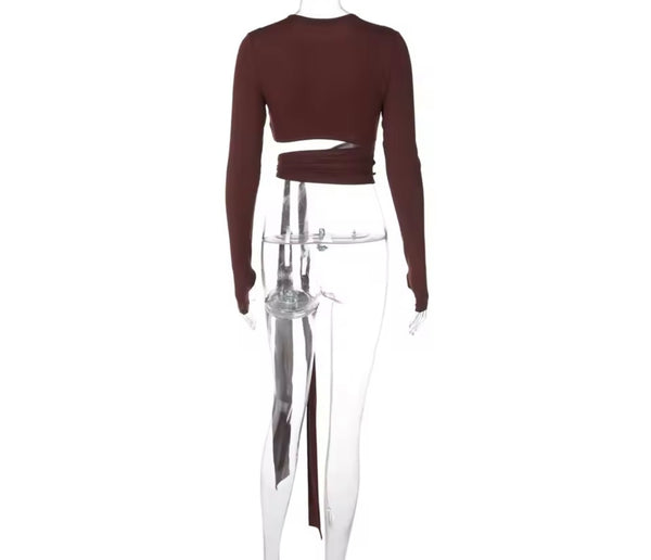 Women Fashion Full Sleeve Cut Out Tie Up Tassel Crop Top