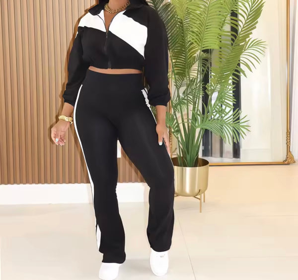 Women Color Patchwork Zip Up Tracksuit Two Piece Pant Set